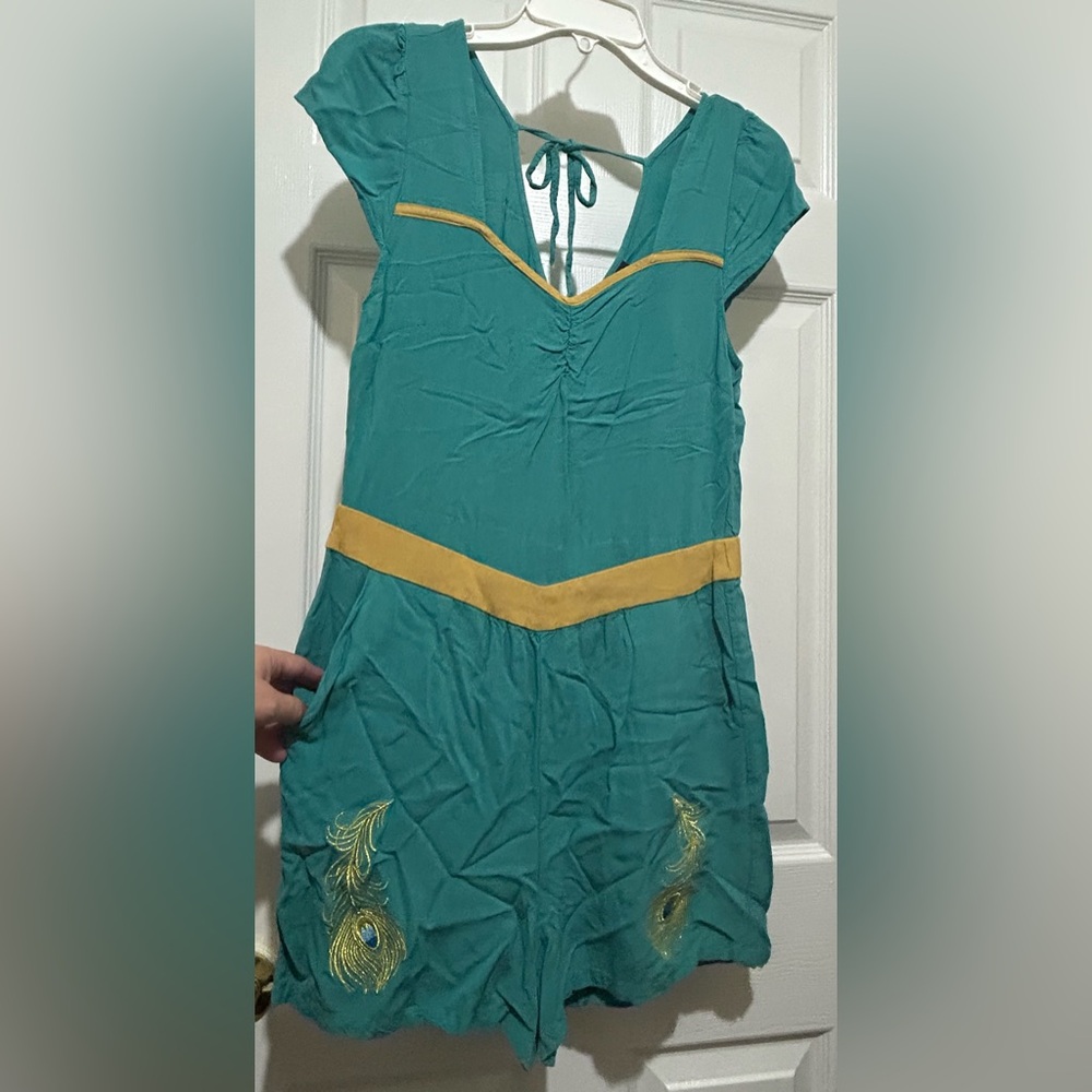Her Universe Disney bounding Jasmine Teal and Yellow Romper with peacock accents